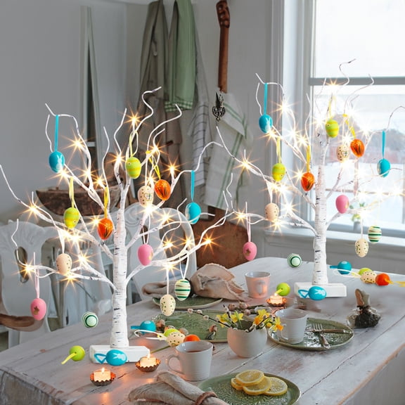 EAMBRITE Easter Decorations Easter Tree with 18x2 pcs Eggs Ornaments, Lighted White Birch Tree with Timer Battery Powered, Twig Tree Tabletop Centerpiece Spring Decorations for Home (2 Pack, 24 LED)