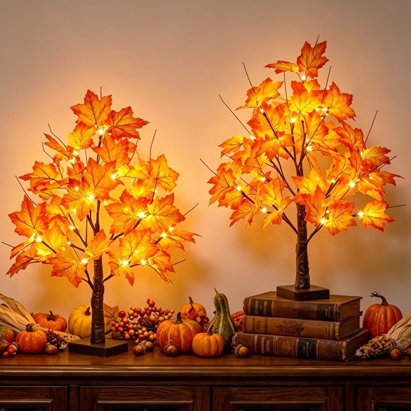 EAMBRITE Fall Decorations for Home Lighted Maple Tree, Fall Decor Fall Tree with Lights 24LED Thanksgiving Table Artificial Trees Battery Operated Centerpieces Decoration for Autumn Indoor Room 2Pack