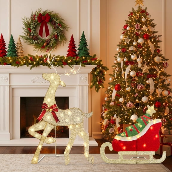 EAMBRITE Outdoor Christmas Decorations, 2D Lighted Christmas Reindeer and Sled with 117 Warm White Lights, Motion Sensor Music Christmas Decor, Xmas Deer for Lawn Porch Garden