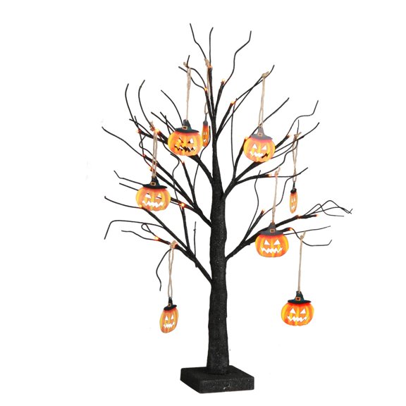 EAMBRITE Small Black Glitter Halloween Tree Light with 24 Orange LEDs Battery Operated Lighted Spooky Pumpkin Display Tree for Party Decoration (60cm/2ft)