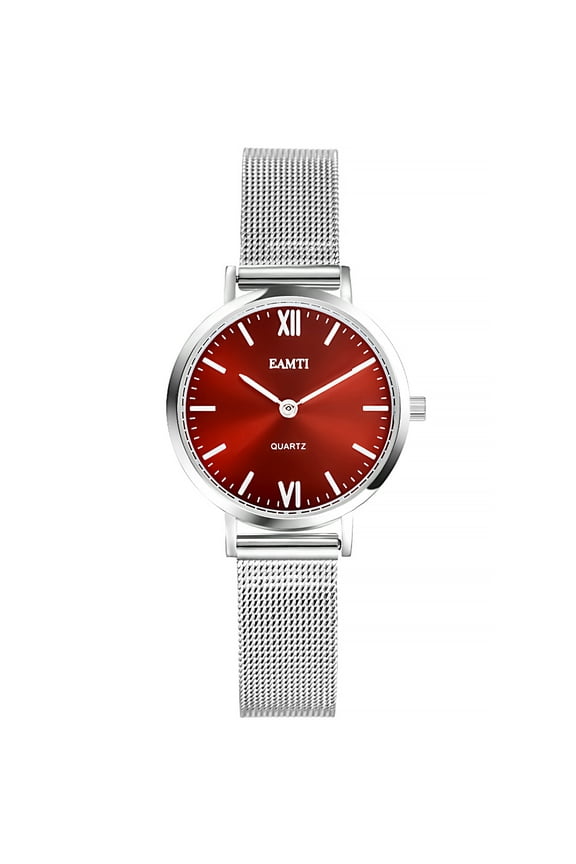 EAMTI Women's Bracelet Stainless Steel Watch, Fashion Minimalist Water Resistant Wristwatch for Women Ladies, Red Case Silver Bracelet, 28mm Case