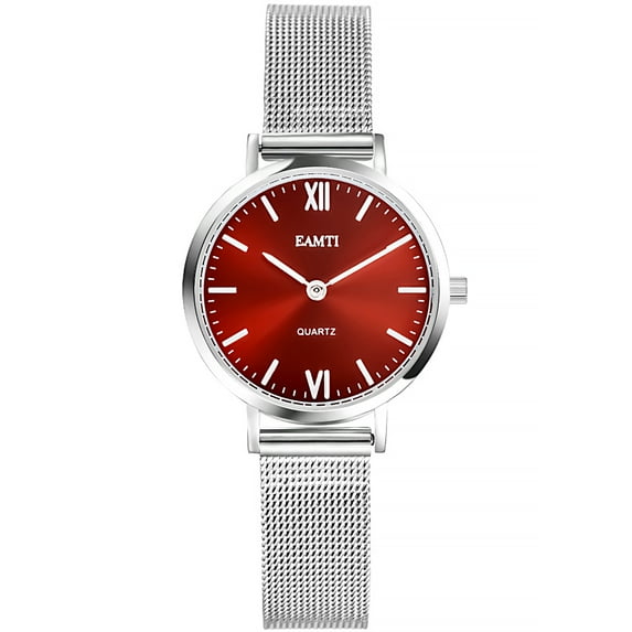 EAMTI Women's Bracelet Stainless Steel Watch, Fashion Minimalist Water Resistant Wristwatch for Women Ladies, Red Case Silver Bracelet, 32mm Case