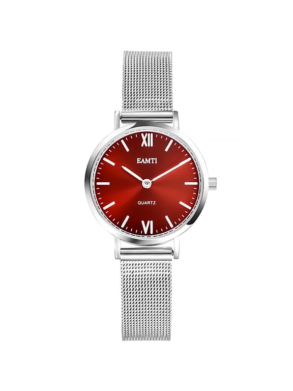 EAMTI Women's Bracelet Stainless Steel Watch, Fashion Minimalist Water Resistant Wristwatch for Women Ladies, Red Case Silver Bracelet, 32mm Case