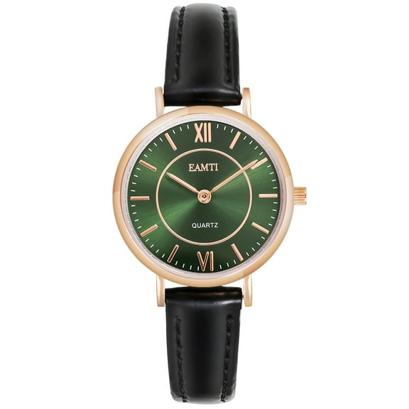 EAMTI Women's Leather Strap Watch, Fashion Minimalist Water Resistant Wristwatch for Women Ladies, Green Gold Case Black Leather Band