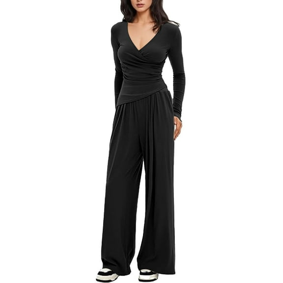 Byworldtasic Two Piece Lounge Sets for Women V-neck Long Sleeve Tops Wide Leg Pants Matching Sets