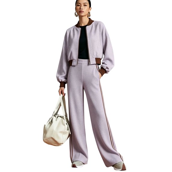 EANJE 2 Piece Women Color Block Tracksuit, Fall Zip-Up Collared Long Sleeve Crop Jacket & Wide Leg Pants Workout Set Light Purple 3XL
