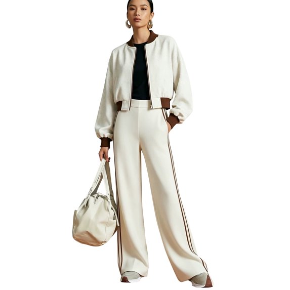 EANJE 2 Piece Women Color Block Tracksuit, Fall Zip-Up Collared Long Sleeve Crop Jacket & Wide Leg Pants Workout Set White M