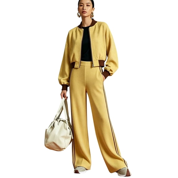 EANJE 2 Piece Women Color Block Tracksuit, Fall Zip-Up Collared Long Sleeve Crop Jacket & Wide Leg Pants Workout Set Yellow 3XL
