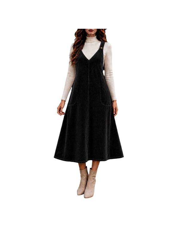 A-line Dresses for Women, Casual Corduroy Midi Pinafore Dress, V Neck Button Strap Flowy A-Line Overall Jumper Dress with Pockets Black L