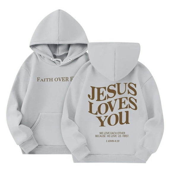 EANJE Back to School Clothes for Teen Girls Love Like Jesus Hoodie Long Sleeve Jesus Loves You Cute Graphic Hoodie Drawstring Pullover Kids 10-12 Years Preppy Clothes Gray 13-14Y