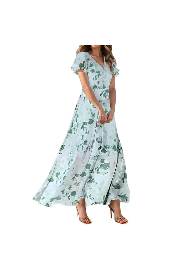 Beach Dresses for Women 2025 Vacation Loose V Neck Short Sleeve Long Dress Dressy Casual Floral Maxi Floral Flowy Dress Green XXL