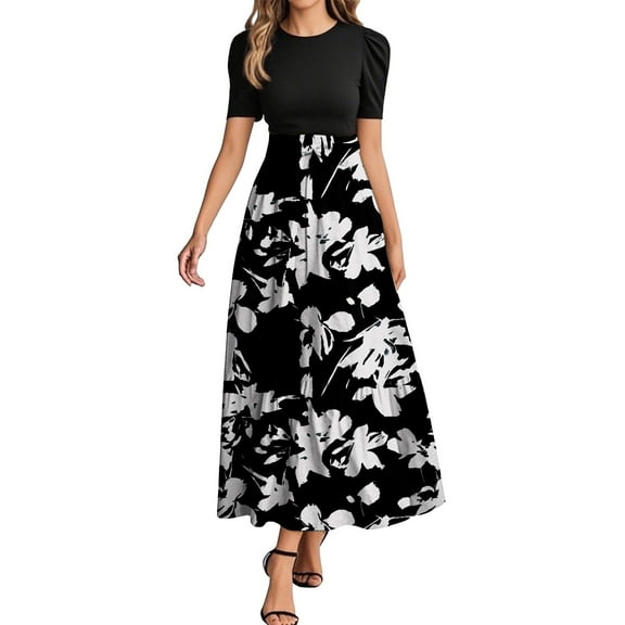 EANJE Casual Dresses for Women Short Sleeve Teacher Dress Office Maxi Dresses Floral Print Trendy Tie Waist Long Patchwork Ruffle Hem A Line Dresses Fashion Modest Clothing Black S