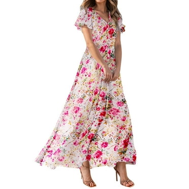 EANJE Womens Dresses Casual Dressy Short Sleeve V Neck Vacation Beach Dress Plus Size Floral Maxi Chiffon Dresses for Women 2025 Pink XS