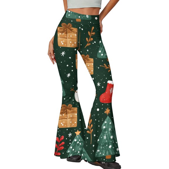 EANJE Christmas Casual Pants for Women Christmas Holiday Printed High Rise Slim Flare Trousers Bell Bottom Stretch Fabric Long Pants Trendy Fall Party Wear Clothing Green 2XL