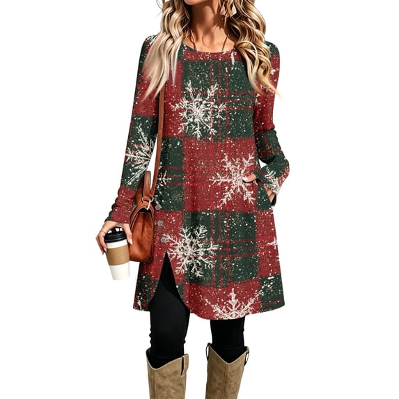 EANJE Christmas Dresses for Women Christmas Holiday Printed Crew Neck Tunic Midi Dress Long Sleeve Curved Split Hem Swing Dress Lightweight Trendy Autumn Wear Clothes with Side Pockets Red M