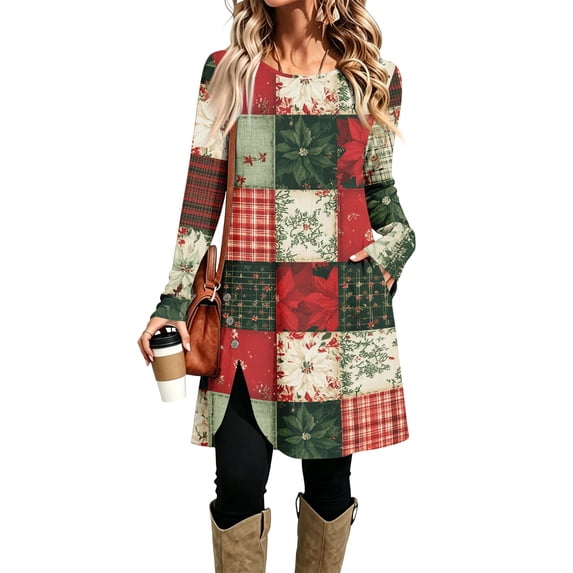 EANJE Christmas Dresses for Women Christmas Print Crewneck Tunic Midi Dress Long Sleeve Curved Split Hem Swing Dress Oversized Fashion Winter Holiday Wear Clothes with Side Pockets Red M