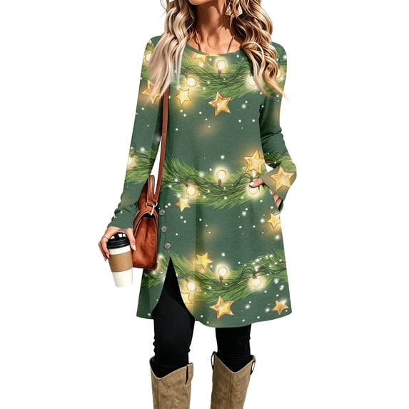 EANJE Christmas Fall Dresses for Women Christmas Printed Crew Neck Tunic Midi Dresses Long Sleeve Curved Split Hem Swing Dresses Relaxed Fit Everyday Winter Holiday Wear Outfits with Pockets Green M