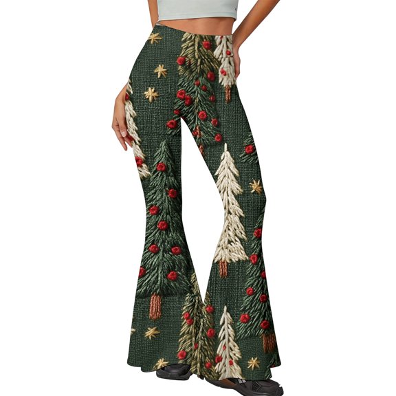 EANJE Christmas Fall Pants for Women Christmas Graphic High Rise Lightweight Flare Trousers Bell Bottom Stretch Fabric Long Trousers Cozy Daily Wear Clothing Green L