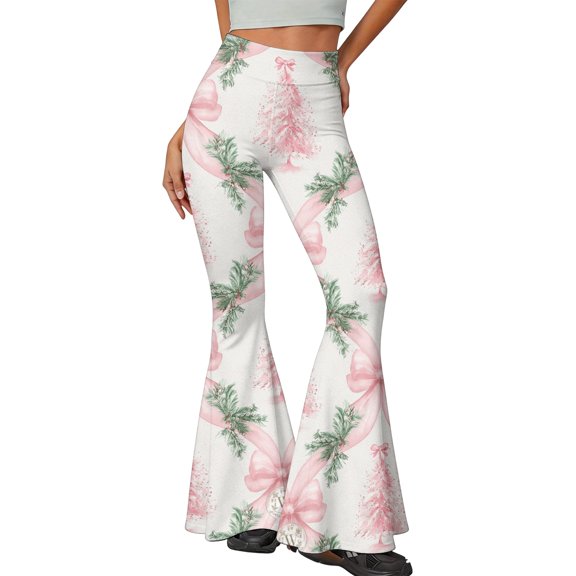 EANJE Christmas Fall Pants for Women Christmas Graphic High Rise Slim Flare Trousers Bell Bottom Stretch Fabric Long Pants Fashion Fall Autumn Bottoms Pink 2XL