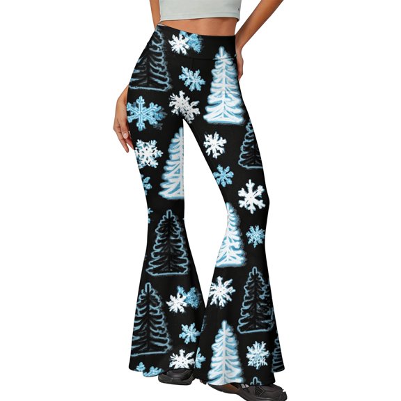 EANJE Christmas Fall Pants for Women Christmas Holiday Printed High Rise Slim Fit Flare Trousers Bell Bottom Stretch Fabric Long Pants Trendy Autumn Daily Clothing Navy XL