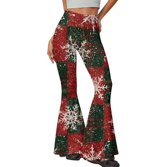 EANJE Christmas Flowy Pants for Women Christmas Graphic High Rise Slim Fit Flare Trousers Bell Bottom Stretch Fabric Long Pants Trendy Fall Daily Clothing Red L