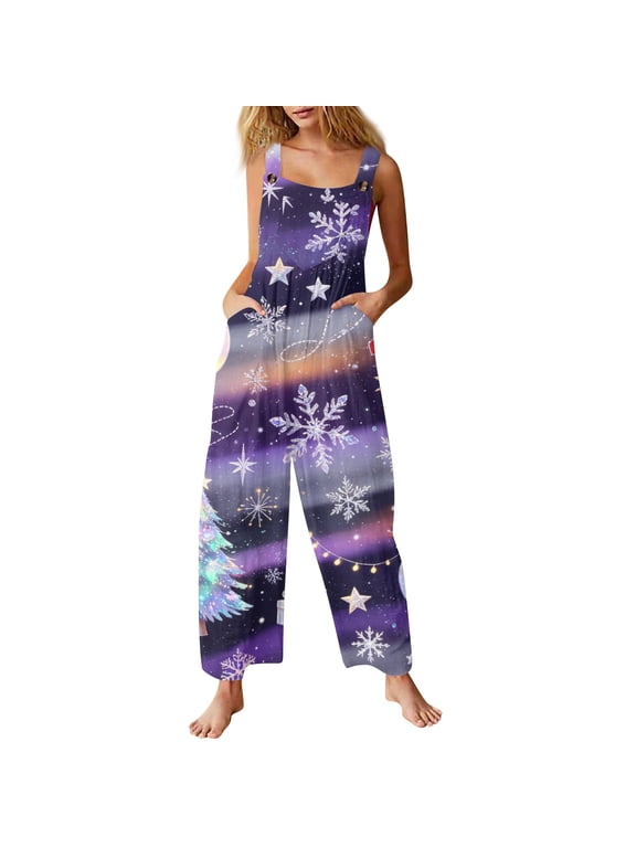 Christmas Overalls for Women Christmas Holiday Printed Adjustable Tie Shoulder Straps Wide Leg Jumpsuit Sleeveless Trousers Lightweight Cute Fall Bottoms with Pockets Purple Pink L