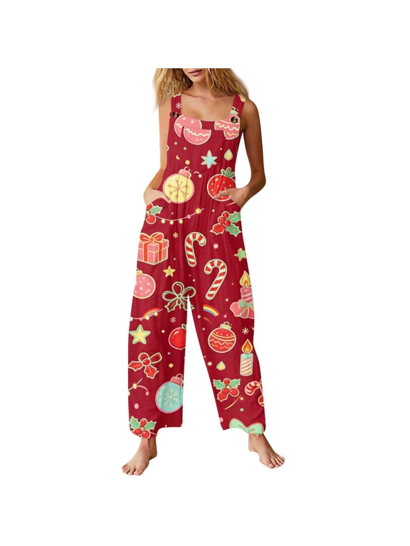 Christmas Overalls for Women Loose Fit Christmas Holiday Printed Adjustable Tie Shoulder Straps Wide Leg Jumpsuit Sleeveless Pants Loose Everyday Fall Bottoms with Side Pockets Red 3XL
