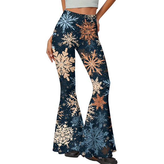 EANJE Christmas Pants for Women Christmas Graphic High Rise Slim Flare Trousers Bell Bottom Stretch Fabric Long Trousers Fashion Daily Wear Bottoms Navy S