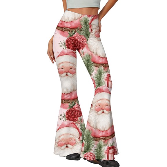 EANJE Christmas Pants for Women Christmas Holiday Printed High Rise Slim Fit Flare Trousers Bell Bottom Stretch Fabric Long Trousers Fashion Fall Bottoms Pink M