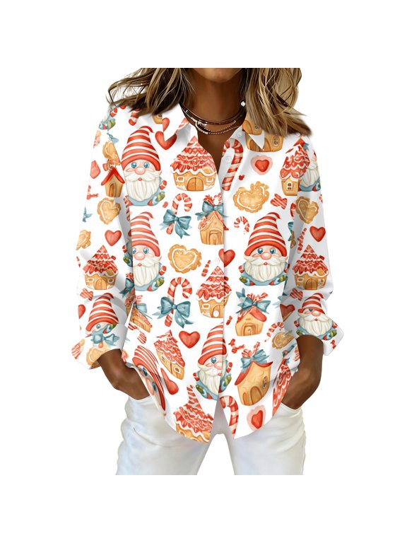 Christmas Shirt for Women Christmas Graphic Button Down Long Sleeve Shirt Collared Trendy Tops Loose Fit Autumn Daily Outfits with Pocket Pink 3XL