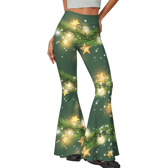 EANJE Christmas Trousers Pants for Women Christmas Holiday Printed High Rise Slim Flare Pants Bell Bottom Stretch Fabric Long Pants Relaxed Fit Daily Wear Clothing Green S