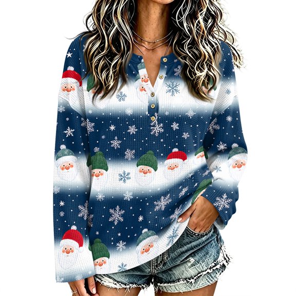 EANJE Christmas Waffle Henley Neck Streetwear Top for Women,Drop Shoulder Long Sleeve Loose Fit Print Pullover Blouse Blue 2XL