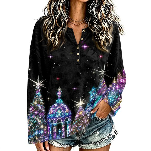 EANJE Christmas Waffle Henley Neck Streetwear Top for Women,Drop Shoulder Long Sleeve Loose Fit Print Pullover Blouse Multicolor 2XL