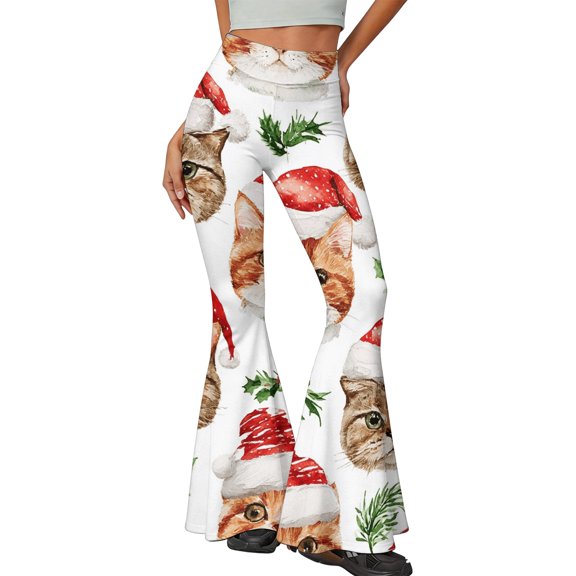 EANJE Christmas Wide Leg Pants for Women Christmas Holiday Printed High Rise Slim Flare Trousers Bell Bottom Stretch Fabric Long Trousers Versatile Fall Daily Clothing Multicolor S