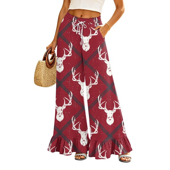 EANJE Christmas Wide Leg Trousers Women Christmas Graphic Drawstring Elastic Waist Ruffle Hem Wide Leg Pants High Waist Long Pants Loose Trendy Fall Autumn Bottoms with Pockets Red 2XL