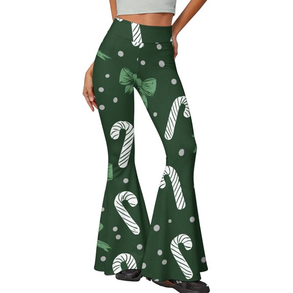 EANJE Christmas Wide Leg Trousers Women Christmas Graphic High Rise Lightweight Flare Pants Bell Bottom Stretch Fabric Long Trousers Versatile Autumn Daily Bottoms Green M