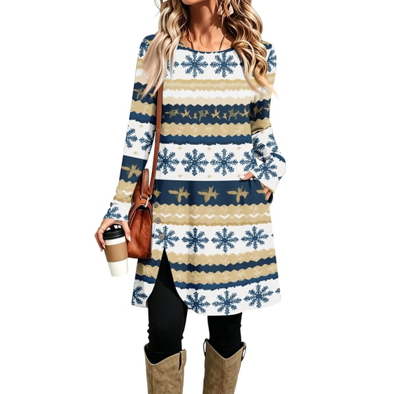 EANJE Christmas Women Dresses Christmas Holiday Print Crewneck Tunic Midi Dresses Long Sleeve Curved Split Hem Swing Dresses Lightweight Soft Autumn Holiday Wear Clothing with Pockets Navy L
