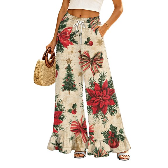 EANJE Christmas Women Pants Christmas Graphic Drawstring Elastic Waist Ruffle Hem Wide Leg Pants High Waist Long Pants Lightweight Soft Fall Autumn Clothing with Side Pockets Pink L