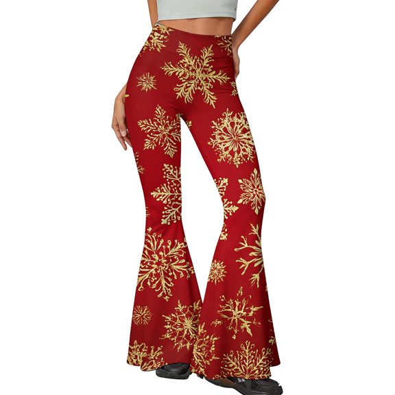 EANJE Christmas Women Pants Christmas Graphic High Rise Slim Fit Flare Trousers Bell Bottom Stretch Fabric Long Trousers Relaxed Fit Daily Wear Bottoms Red M