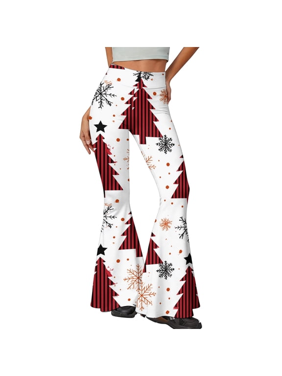 Christmas Women's Pants Christmas Graphic High Rise Slim Flare Trousers Bell Bottom Stretch Fabric Long Pants Trendy Fall Autumn Bottoms Pink XL
