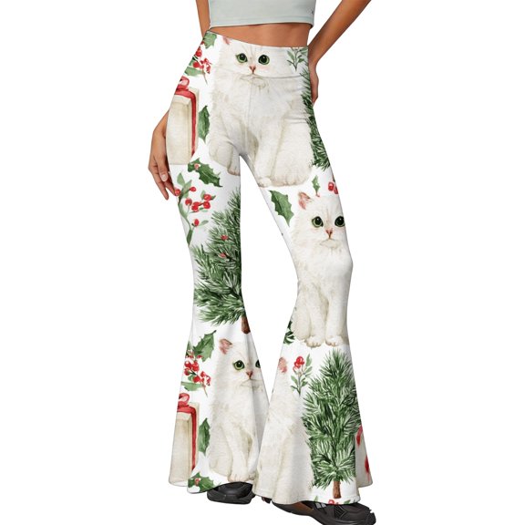 EANJE Christmas Women's Pants Christmas Holiday Printed High Rise Slim Fit Flare Trousers Bell Bottom Stretch Fabric Long Trousers Cozy Fall Autumn Bottoms Green M