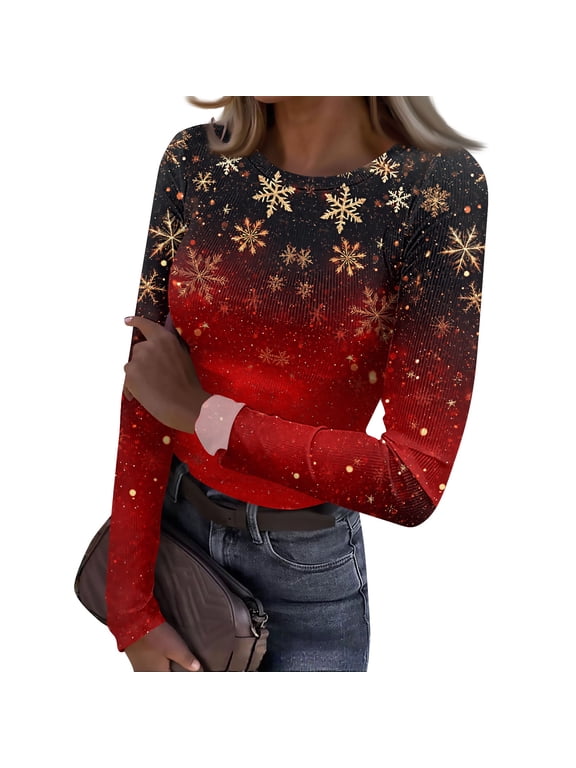Christmas Women's Shirts Christmas Graphic Crew Neck Thumb Hole Cuffs T‑shirts Long Sleeve Pullover Tops Lightweight Fashion Autumn Daily Blouse Wine S
