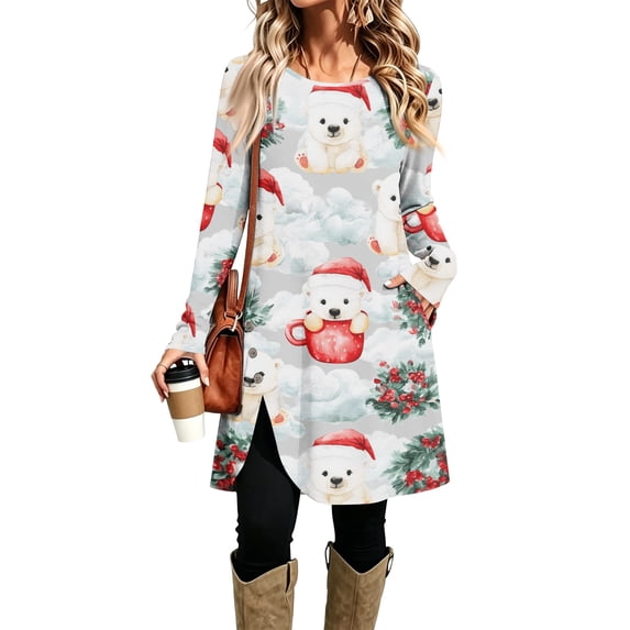 EANJE Christmas Womens Dress Christmas Holiday Print Crew Neck Tunic Midi Dress Long Sleeve Curved Split Hem Swing Dress Lightweight Trendy Autumn Wear Clothes with Side Pockets Multicolor XL