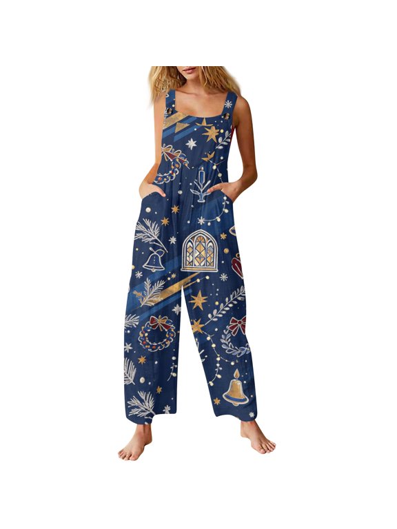 Christmas Womens Jumpsuit Christmas Printed Adjustable Tie Shoulder Straps Wide Leg Jumpsuits Sleeveless Trousers Loose Relaxed Fit Fall Daily Bottoms with Pockets Dark Blue 4XL