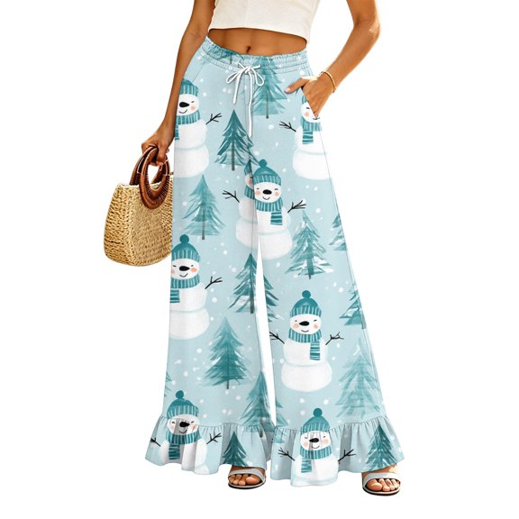 EANJE Christmas Womens Pants Christmas Graphic Drawstring Elastic Waist Ruffle Hem Wide Leg Pants High Waist Long Trousers Lightweight Fashion Autumn Daily Clothing with Side Pockets Multicolor S