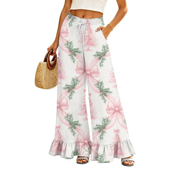 EANJE Christmas Womens Trousers Christmas Graphic Drawstring Elastic Waist Ruffle Hem Wide Leg Trousers High Waist Long Trousers Lightweight Fashion Autumn Daily Bottoms with Side Pockets Pink 2XL