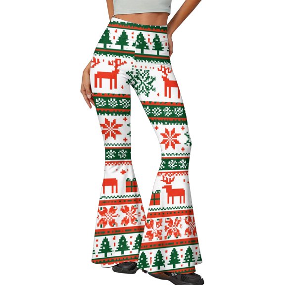 EANJE Christmas Womens Wide Leg Pants Christmas Graphic High Rise Slim Flare Trousers Bell Bottom Stretch Fabric Long Trousers Versatile Fall Clothing Multicolor M