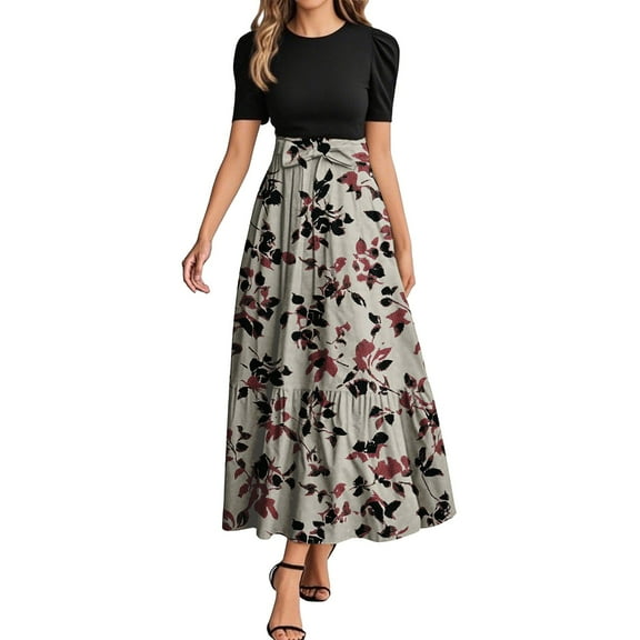 EANJE Church Dresses for Women Short Sleeve Teacher Dress Floral Print Business Maxi Dresses Tie Waist Long Boho T-Shirt Dress Fashion Modest Clothing Khaki S