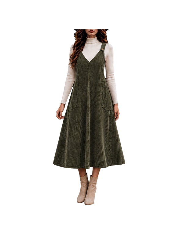 Fall Dresses for Women Corduroy V Neck Overall Dress Button Strap A-line Flowy Midi Pinafore Dress Vintage Casual Jumper Dress with Pockets Army Green XL