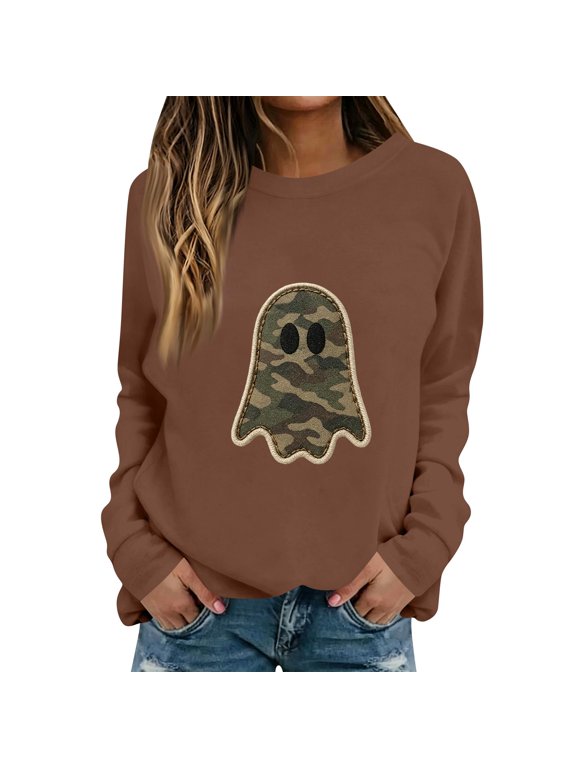 Halloween Crew Neck Sweatshirts Halloween Graphic Crew Neck Long Sleeve Sweatshirt Soft Fleece Pullover Tops Basic Fashion Fall Autumn Clothes Coffee L